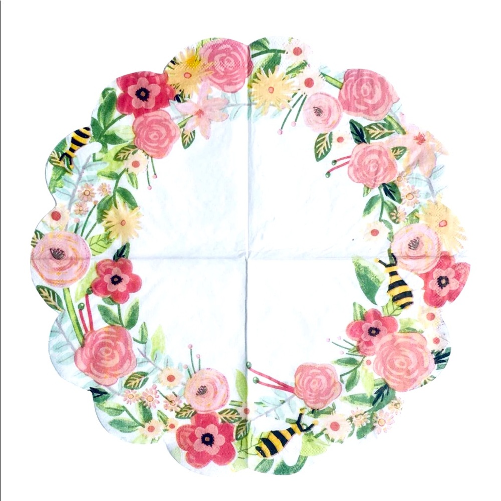 Spring Fling Pink Floral Bee Scalloped Die-Cut Edge Luncheon Doily Napkins, 16ct